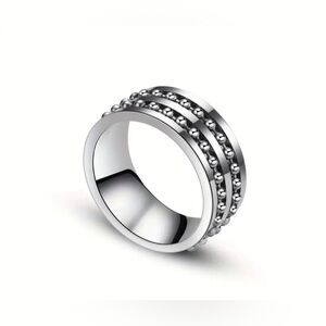 Chisel Stainless Steel 8mm Double Row Beaded Brushed & Polished Ring Size 7,8